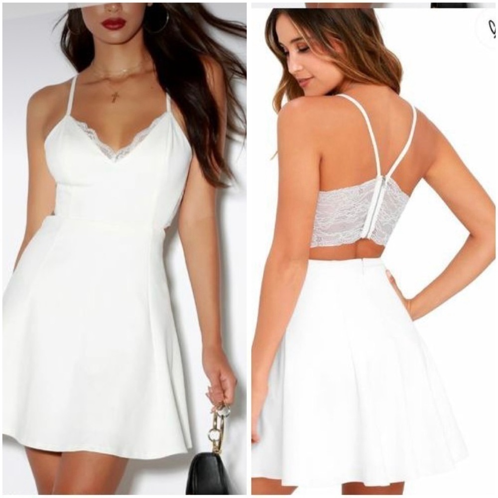LUSH Lace Fit And Flare Open Peak A Boo Racer Back Crisp White Dress- Size M